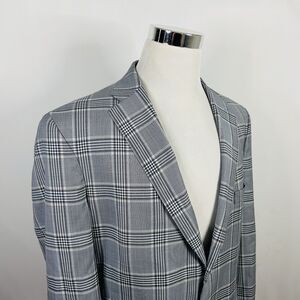 Nicholas Joseph 44R Bespoke Sport Coat 100% Wool Gray Plaid Two Button Vented